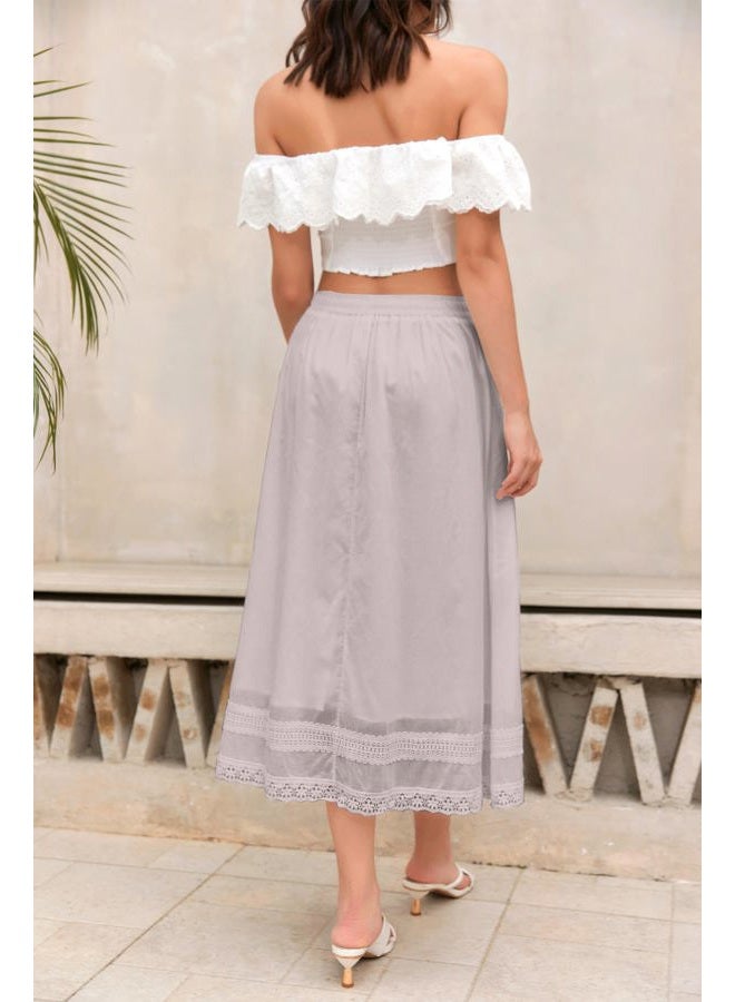 SANGTREE Women's Lace Cotton Linen Skirt Drawstring Waist A Line Beach Flowy Long Skirts, Grey Pink, XL - Image 5