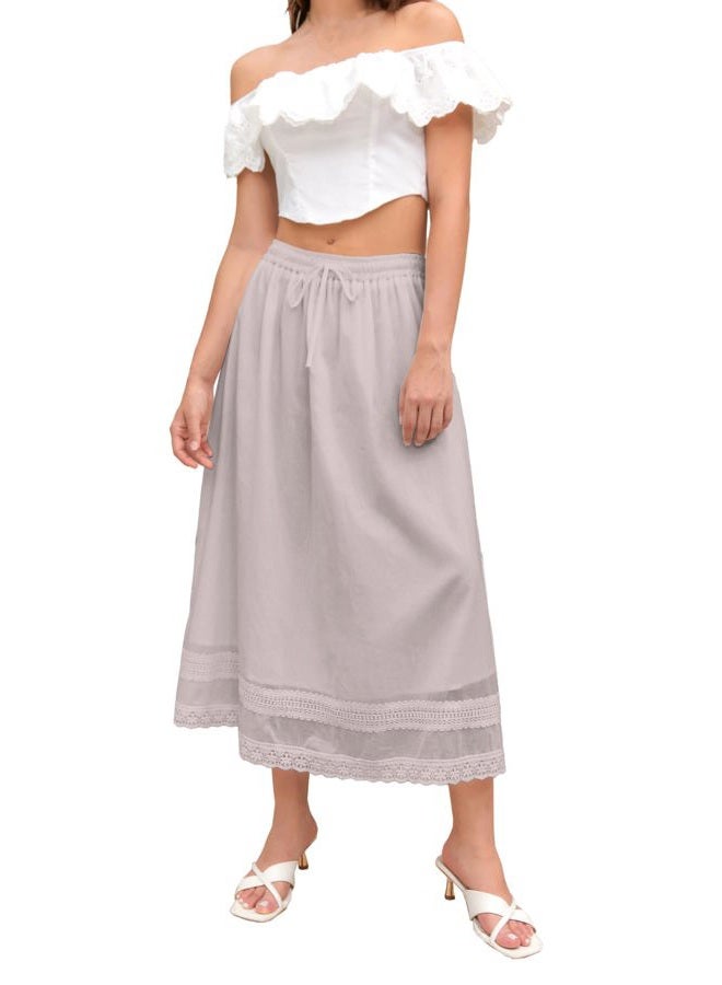 SANGTREE Women's Lace Cotton Linen Skirt Drawstring Waist A Line Beach Flowy Long Skirts, Grey Pink, XL - Image 2
