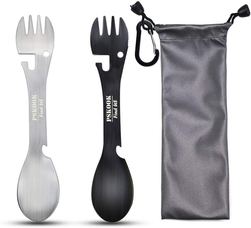 PSKOOK 5-in-1 Utility Tactical Spork, 2-Pack Stainless Steel Spoon & Bottle Opener, Fork & Knife, Can Opener Combo Camping Utensil for Hiking, Camping or Backpacking (Black & Matte Silver) - Image 1