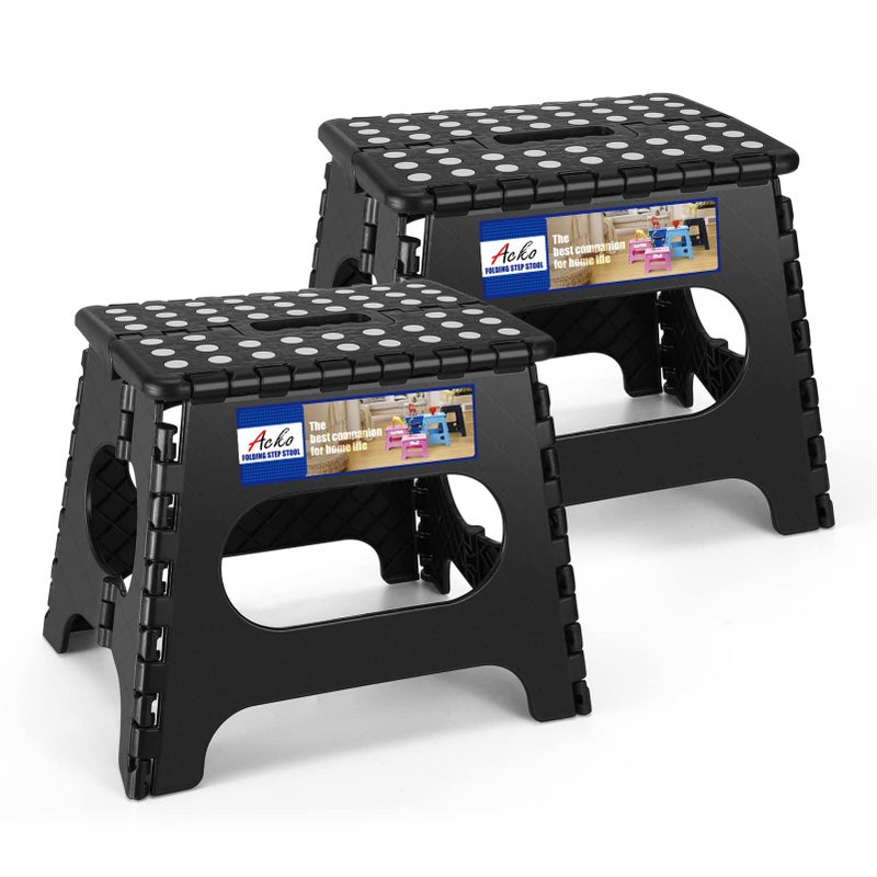 ACKO 11 inch Folding Step Stool Lightweight Plastic Step Stool - 2 Pack - Foldable Step Stools for Adults,Non Slip Folding Stools for Kitchen Bathroom Bedroom (Black, 2 Pack) - Image 1