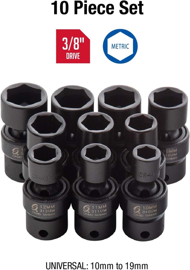 Sunex 3657 3/8 Inch Drive Universal Impact Socket Set - 10-Piece Metric Set (10mm - 19mm) with Cr-Mo Alloy Steel Construction - Image 2