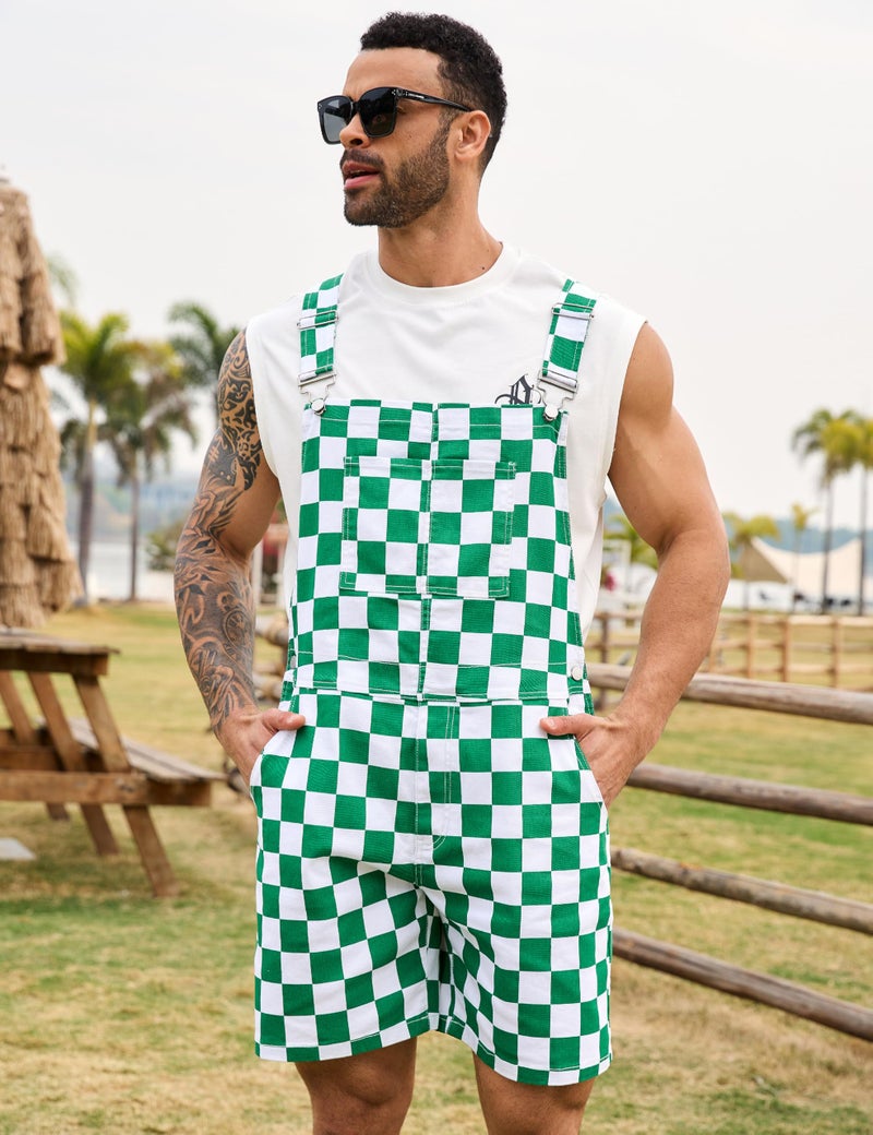 Odefou Checkered Bib Overalls for Men Jumpsuit Shorts Work Coveralls(Green Checkered,2XL) - Image 3