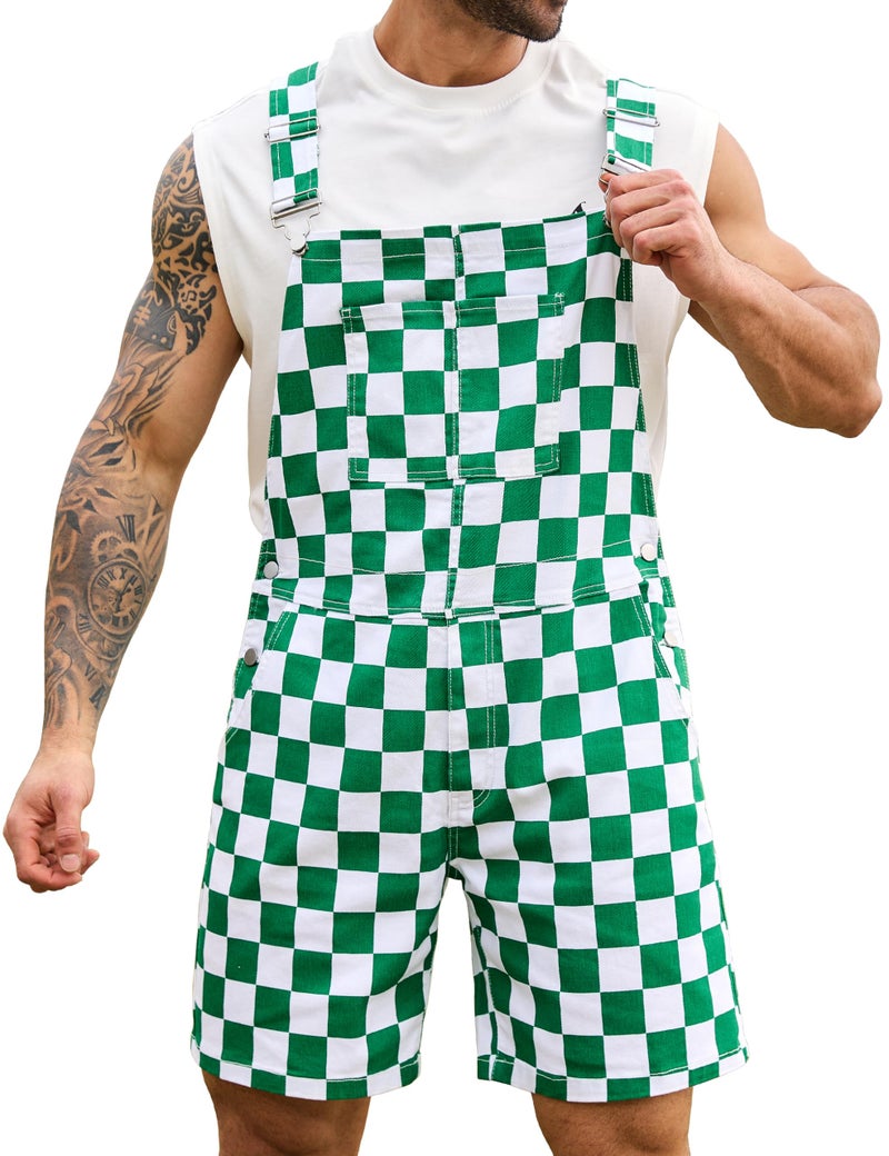 Odefou Checkered Bib Overalls for Men Jumpsuit Shorts Work Coveralls(Green Checkered,2XL) - Image 1