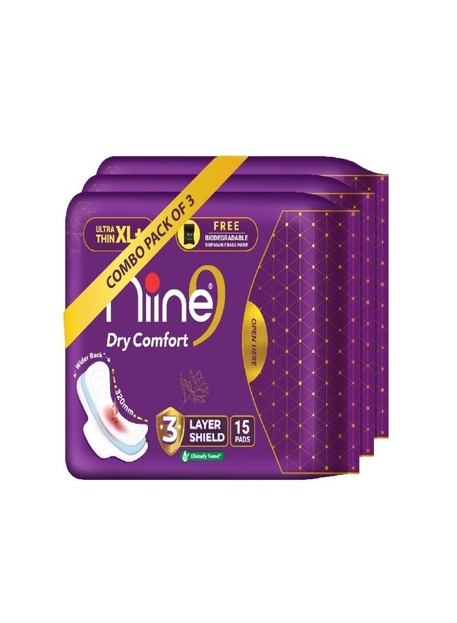 Niine Dry Comfort Ultra Thin XL+ Sanitary Pads for Women | 45 Pads, Pack of 3| 320mm Long|Suitable for Heavy Flow|Faster Absorption |Prevents Wetness & Leakage |With Free Biodegradable Disposable Bags - Image 1