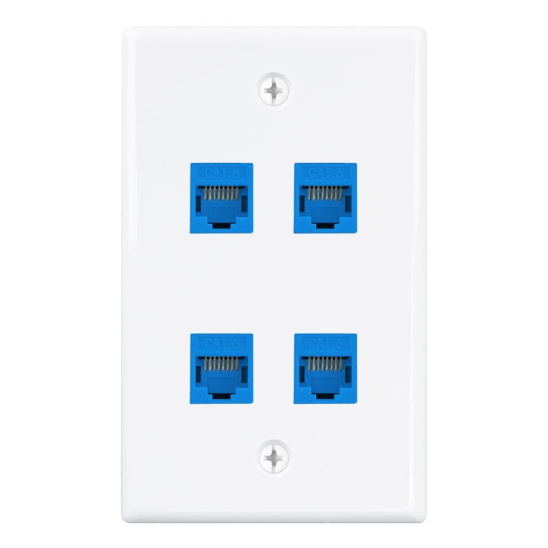 Iwillink 1Pack 4Port Ethernet Outlet Wall Plate Keystone Wall Jack with RJ45 Keystone Inline Coupler insert Ethernet Wall Outlet Female to Female Cat6 Keystone Wall Plate Blue