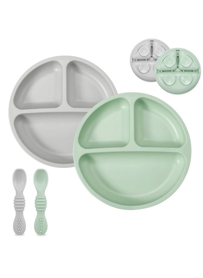 PandaEar Silicone Baby Feeding Set; 2 Pack Silicone Divided Suction Plate With 2 Pack Spoons ; Baby Led Weaning Supplies Self Feeding Eating Utensils (Green/Grey) - Image 1