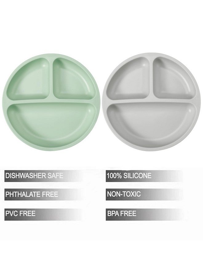 PandaEar Silicone Baby Feeding Set; 2 Pack Silicone Divided Suction Plate With 2 Pack Spoons ; Baby Led Weaning Supplies Self Feeding Eating Utensils (Green/Grey) - Image 3