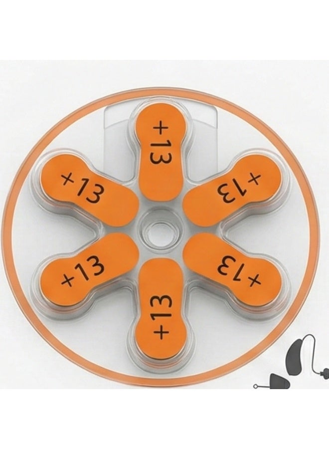 Size 13 Hearing Aid Battery 1.45V Zinc Air (Orange Tab) - PR48 Replacement Button Cell for BTE & ITE Digital Hearing Aids & Ear Machines [Pack of 6] - Long Lasting - Image 1