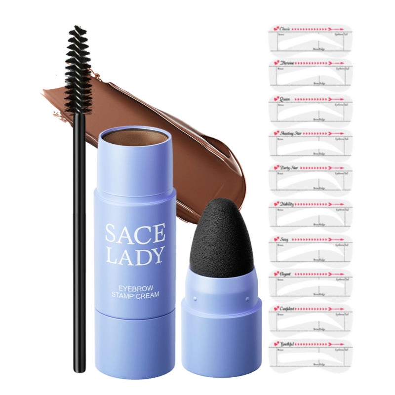 SACE LADY Eyebrow Stamp Kit, Brow Stencil Easy to Use & Natural Looking, Pigmented Long Lasting Eye Brow Cream with Brush and 10 Reusable Eye Stencils, 0.07Oz (#02 Dark Brown) - Image 1