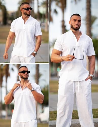COOFANDY Men's 2 Pieces Cotton Linen Set White Henley Shirt Short Sleeve and Casual Beach Pants Summer Yoga Outfits - Image 3