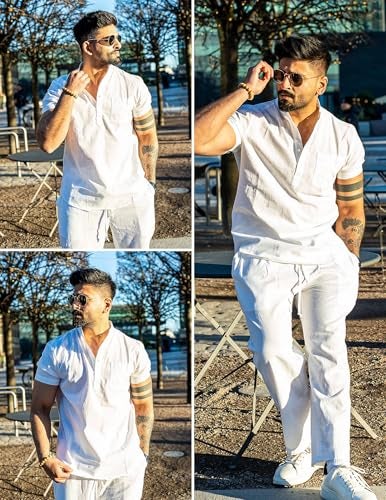COOFANDY Men's 2 Pieces Cotton Linen Set White Henley Shirt Short Sleeve and Casual Beach Pants Summer Yoga Outfits - Image 4