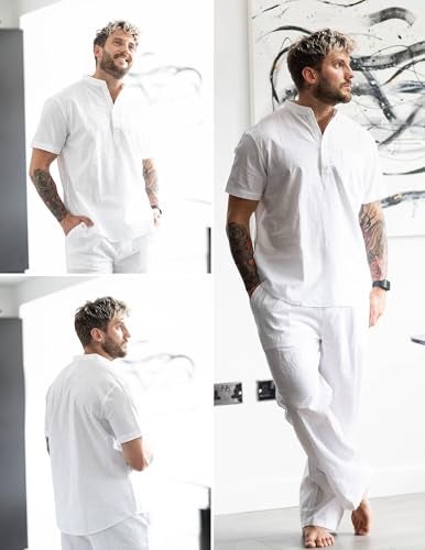 COOFANDY Men's 2 Pieces Cotton Linen Set White Henley Shirt Short Sleeve and Casual Beach Pants Summer Yoga Outfits - Image 2