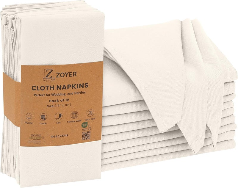 Zoyer Cloth Napkins Set of 12 18x18 Inches Cotton Enrich Napkins Cloth Washable Soft  Durable Dinner Napkins for Parties Wedding Christmas Thanksgiving  Everyday Use  Ivory - Image 1