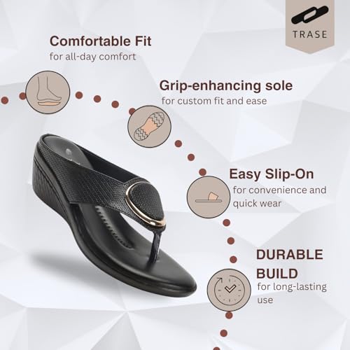 TRASE Women's Fashion Sandal | Faux Leather, Comfortable & Stylish Wedges | Ideal for Casual & Formal Occasions 2 inches heel-Black, 4 UK - Image 2