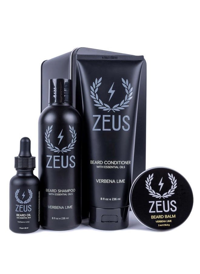 Zeus - Everyday Beard Kit with Tin Gift Box – Beard Wash Shampoo & Conditioner, Natural Beard Oil, Beard Balm & Tin Box (Verbena Lime) - Image 1