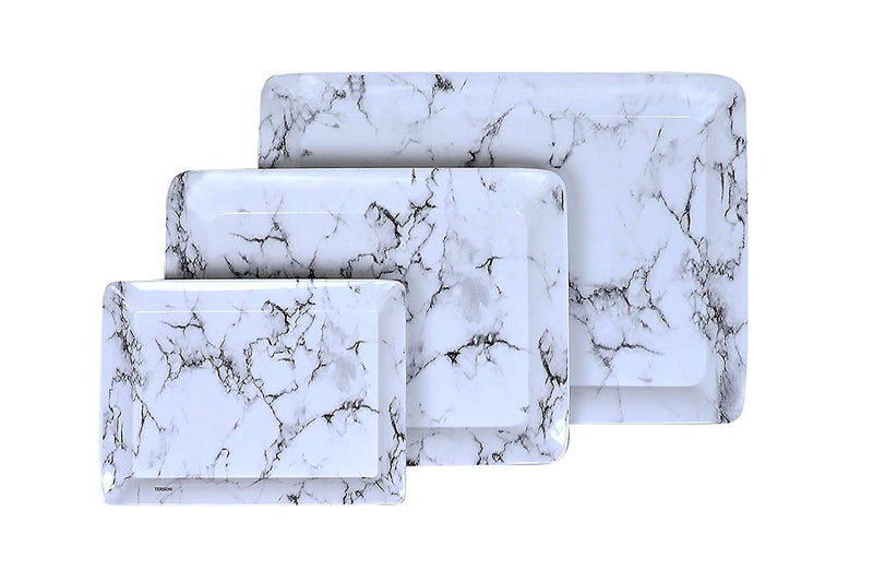 Naivete Marble Printed Black Melamine Serving Rectangular Tray For Kitchen, Dining, Serving And Desk Tray Set (Small, Medium, Large) -Pack Of 3 - Image 1