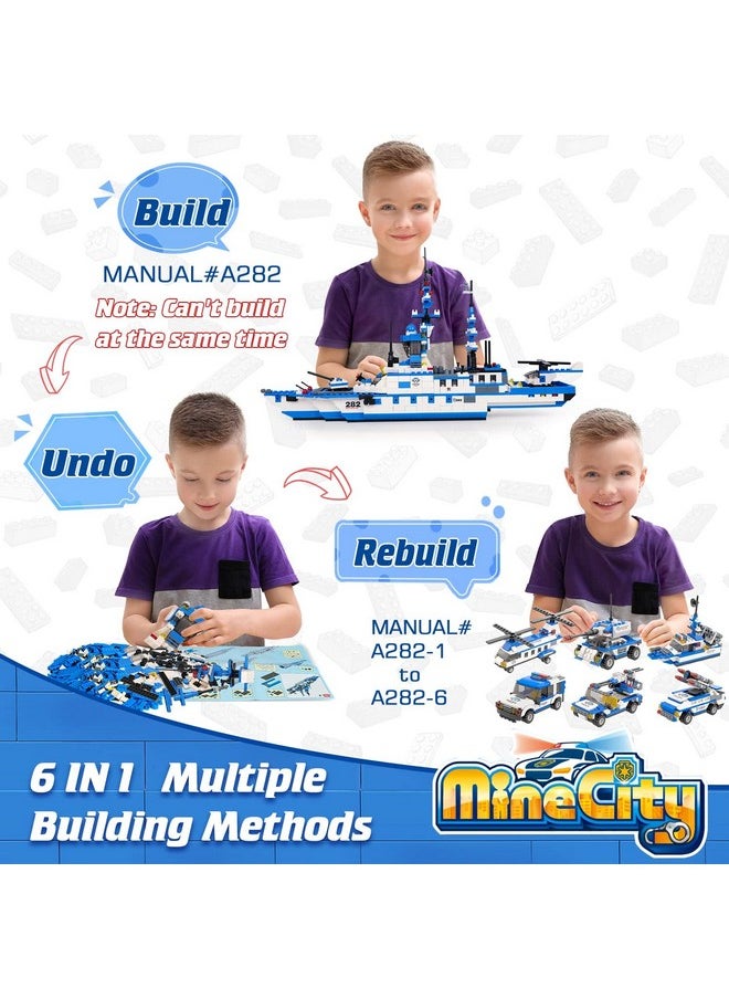 WishaLife - 1169 Pieces City Police Station Building Kit 6 In 1 Military Battleship Building Toy With Police Cars Boat Airplane Best Stem Construction Toy Gift For Boys And Girls 612 - Image 1