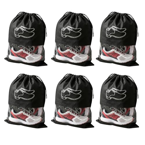 Gowloz Shoe Bags 12x16 Inch (Pack of 6) – Non-Woven Travel Pouches with Drawstring & Transparent Window, Dustproof Footwear Organizer (Black) - Image 1