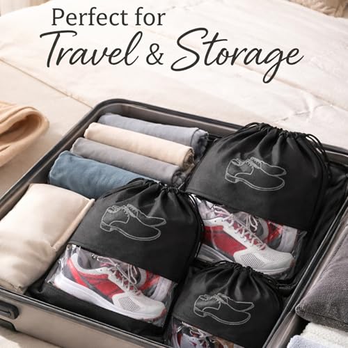Gowloz Shoe Bags 12x16 Inch (Pack of 6) – Non-Woven Travel Pouches with Drawstring & Transparent Window, Dustproof Footwear Organizer (Black) - Image 2