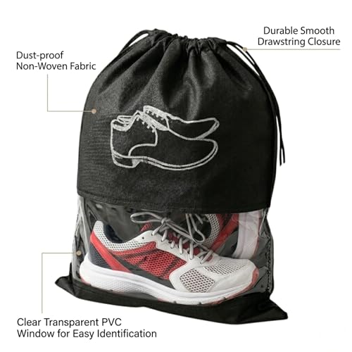 Gowloz Shoe Bags 12x16 Inch (Pack of 6) – Non-Woven Travel Pouches with Drawstring & Transparent Window, Dustproof Footwear Organizer (Black) - Image 3