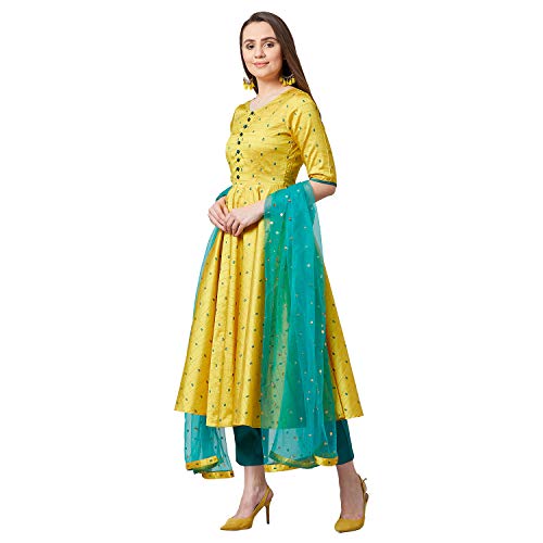 PANIT Women's Anarkali Silk Blend Kurta Set with Pant Bottom and Dupatta (Yellow, Medium) - Image 3