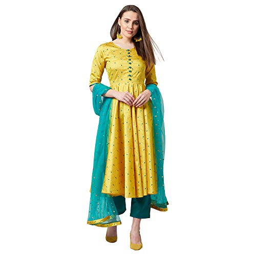 PANIT Women's Anarkali Silk Blend Kurta Set with Pant Bottom and Dupatta (Yellow, Medium) - Image 1