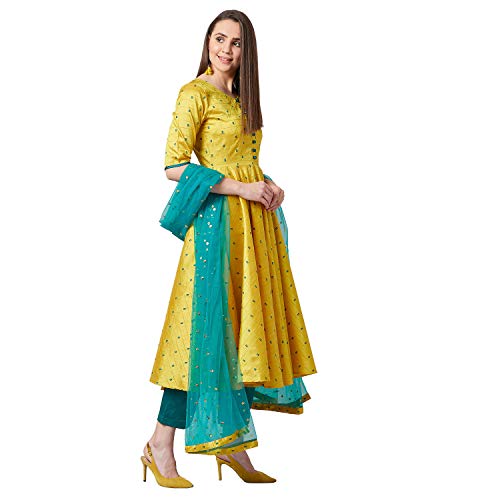 PANIT Women's Anarkali Silk Blend Kurta Set with Pant Bottom and Dupatta (Yellow, Medium) - Image 4