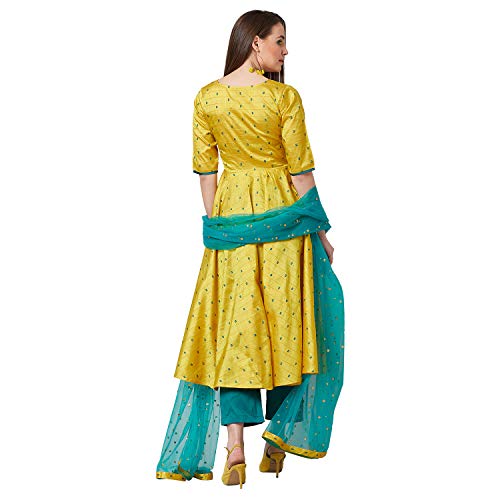 PANIT Women's Anarkali Silk Blend Kurta Set with Pant Bottom and Dupatta (Yellow, Medium) - Image 5