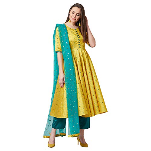 PANIT Women's Anarkali Silk Blend Kurta Set with Pant Bottom and Dupatta (Yellow, Medium) - Image 2