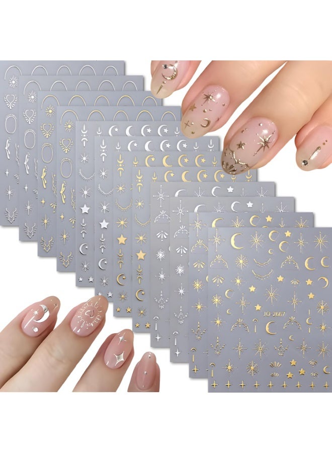 12 Sheets Silver Gold Moon Star Nail Art Stickers - 3D Self Adhesive Decals for Design and Decoration - Supplies Accessories for Women - Image 1