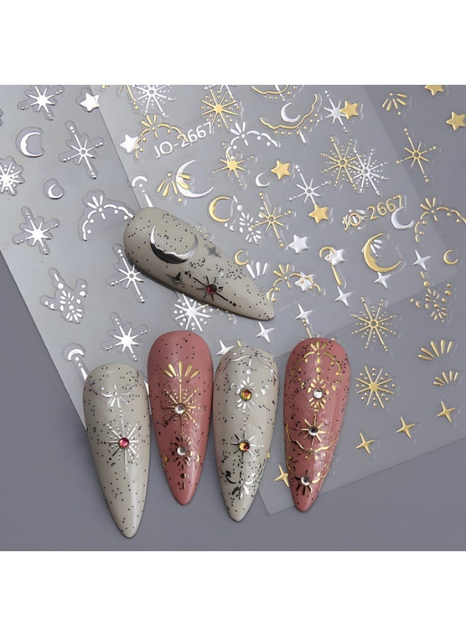 12 Sheets Silver Gold Moon Star Nail Art Stickers - 3D Self Adhesive Decals for Design and Decoration - Supplies Accessories for Women - Image 2