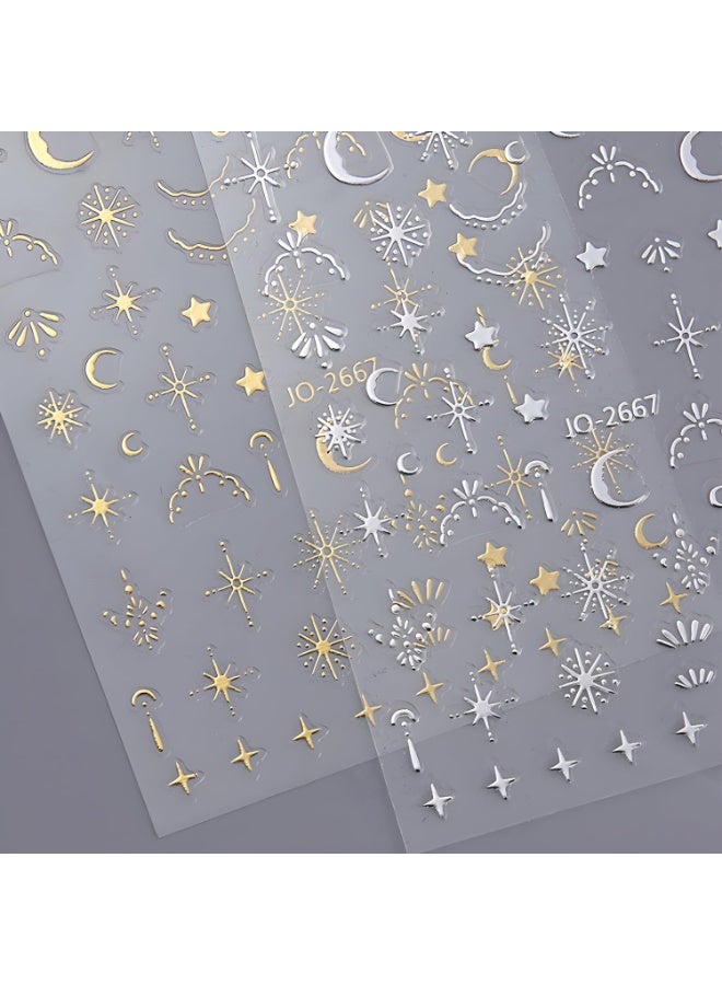 12 Sheets Silver Gold Moon Star Nail Art Stickers - 3D Self Adhesive Decals for Design and Decoration - Supplies Accessories for Women - Image 3