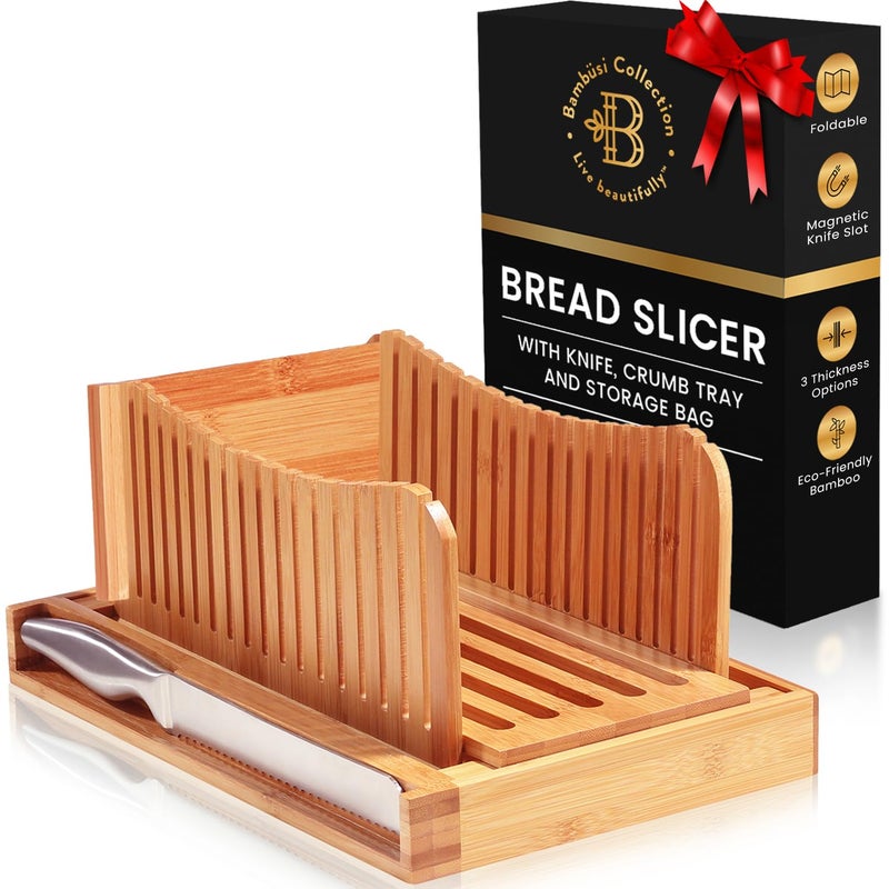 Bread Slicer for Homemade Bread  Bamboo Bread Cutter with Knife Foldable Slicing Guide Crumb Tray  Compact Bread Loaf Slicer for Cakes Bagels Loaves  Kitchen Gadget  Gifts by Bambsi