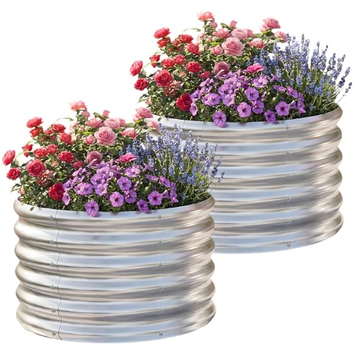 AHEONLAR 2 Pack 2x2x1.5ft Round Galvanized Raised Garden Bed Outdoor Metal Planter Box for Vegetables Steel Raised Beds for Gardening Silver - Image 1
