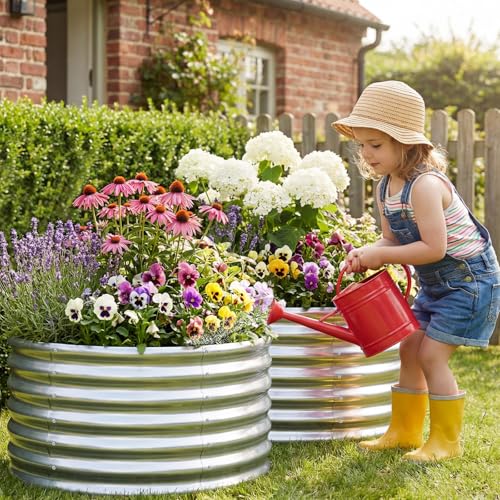 AHEONLAR 2 Pack 2x2x1.5ft Round Galvanized Raised Garden Bed Outdoor Metal Planter Box for Vegetables Steel Raised Beds for Gardening Silver - Image 2