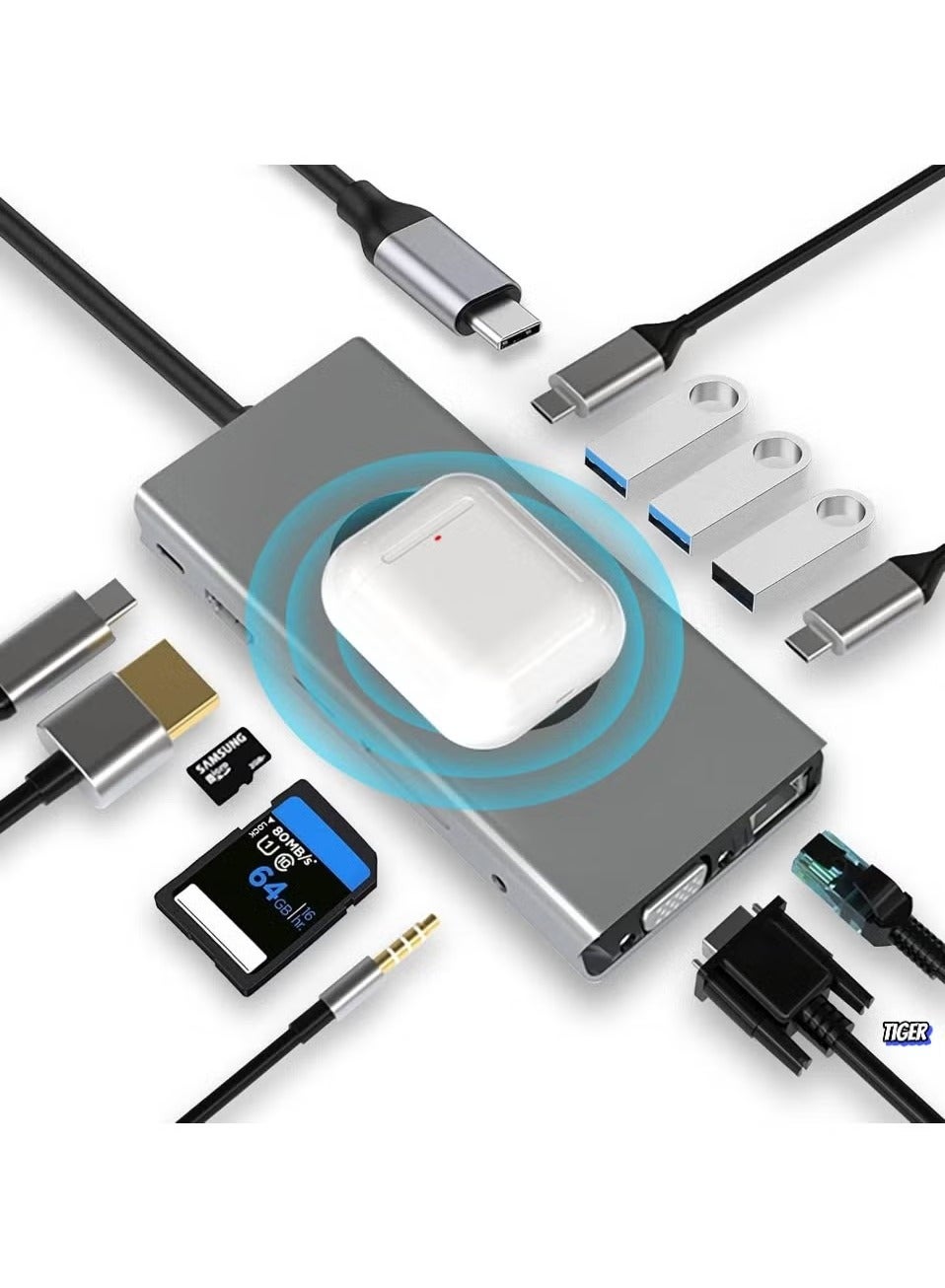 13-in-1 USB C Docking Station with Wireless Charging, 4K HDMI, VGA, USB 3.0, USB C, Ethernet, SD/TF Card Reader – Multiport Dock for MacBook Pro, Type-C Laptops & Devices – Expand Connectivity, Power Delivery, High-Speed Data Transfer & More