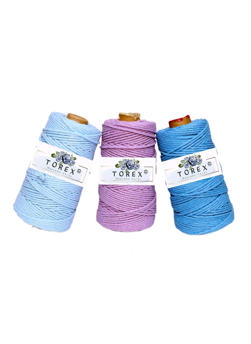 Torex TOREX� | Macrame Cords | N.pal Thread | 3mm| Single Strand |Each Cone 150Meters & 350 Gram per Spool | Pack of Multicolor 3pcs (Aqua Blue, Light PUPRLE, Sky Blue)  - Image 1