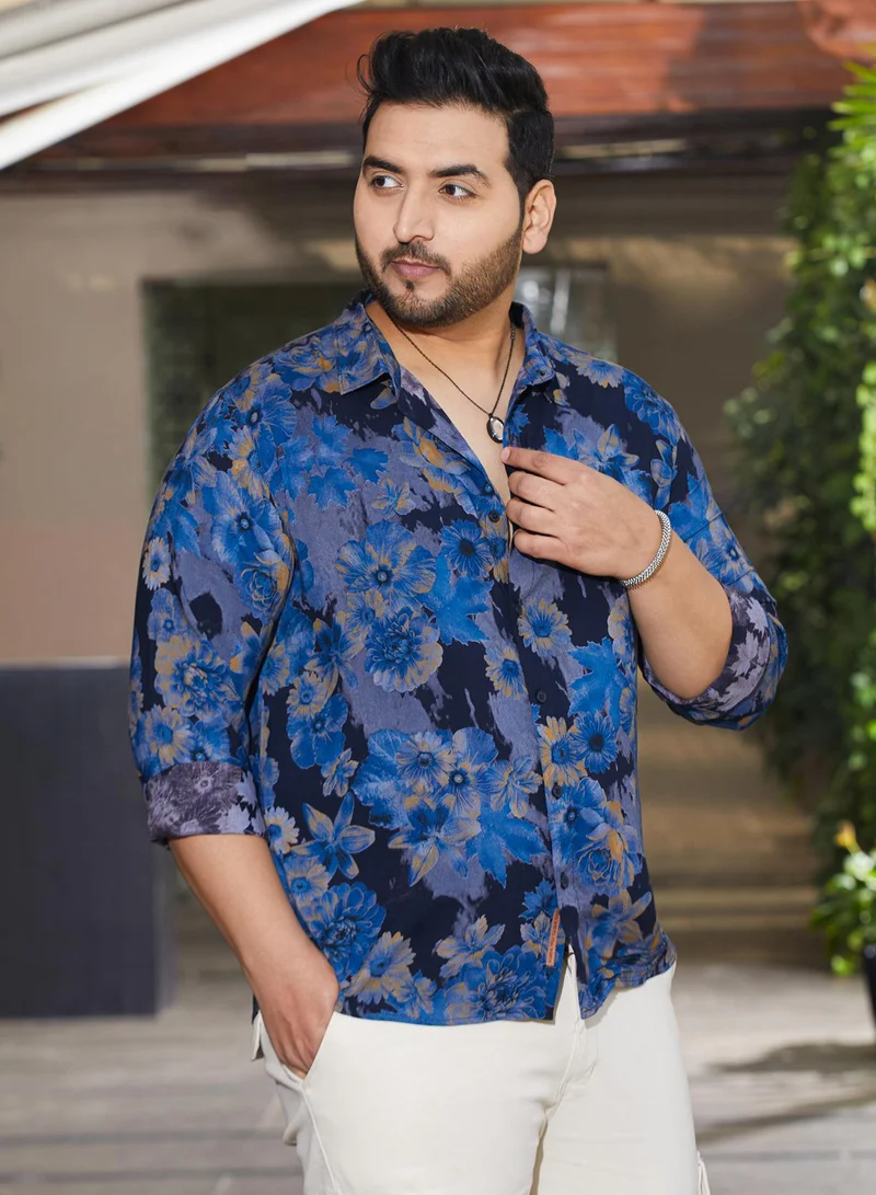 Instafab Plus Instafab Plus Men's Lapis Blue Bi-Hue Daisy Shirt For Casual Wear | Spread Collar | Long Cuffed Sleeves | Button Closure | Plus Size Shirt Crafted With Comfort Fit For Everyday Wear