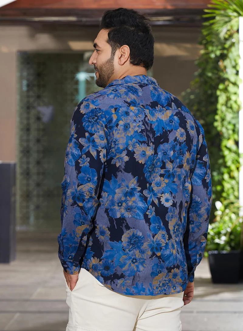 Instafab Plus Instafab Plus Men's Lapis Blue Bi-Hue Daisy Shirt For Casual Wear | Spread Collar | Long Cuffed Sleeves | Button Closure | Plus Size Shirt Crafted With Comfort Fit For Everyday Wear