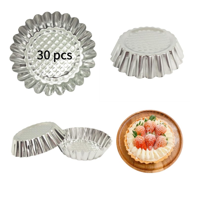 MYStar Set of 30 334 Fluted Design Round Shape Nonstick Aluminum Tart Mold Mini Pie Tin Tartlet Pan