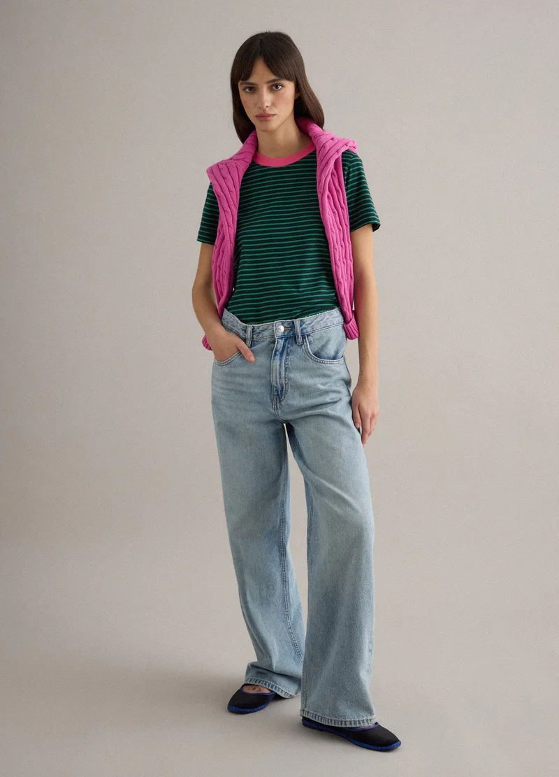 او في اس OVS Green Striped Pure Cotton Regular Fit T-Shirt