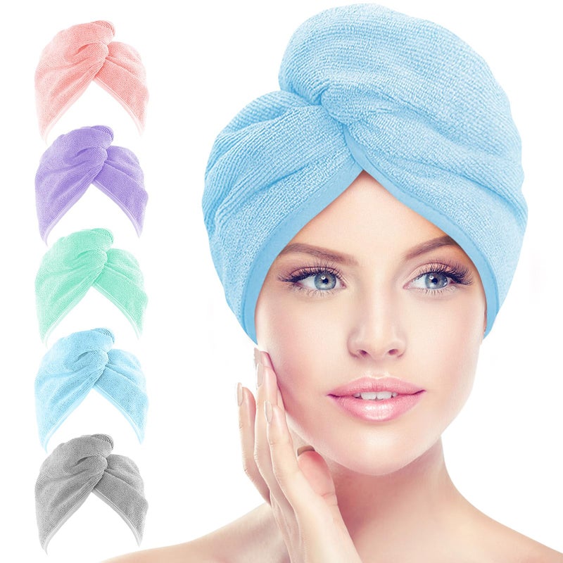 AIDEA Microfiber Hair Towel Wrap, 5 Pack Hair Turbans, Super Absorbent Quick Dry Hair Towel Wrap for All Hair Types Anti Frizz, 26"Ã—10" - Image 1