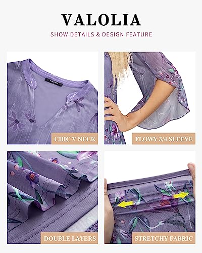 VALOLIA Business Casual Top for Women, Women Floral Blouse, Plus Size Tops for Women Fall 3/4 Tunic Tops to Wear with Leggings Trendy V-Neck Dressy Shirts for Work Office Wear Purple XXX-Large - Image 5