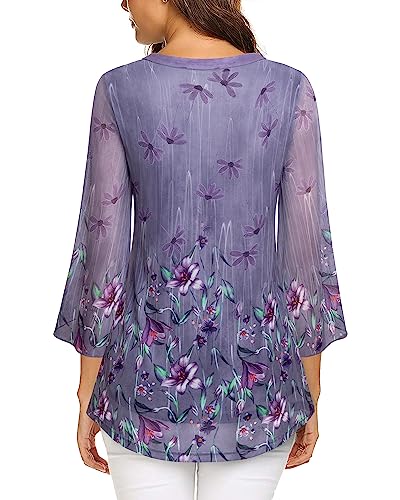 VALOLIA Business Casual Top for Women, Women Floral Blouse, Plus Size Tops for Women Fall 3/4 Tunic Tops to Wear with Leggings Trendy V-Neck Dressy Shirts for Work Office Wear Purple XXX-Large - Image 4