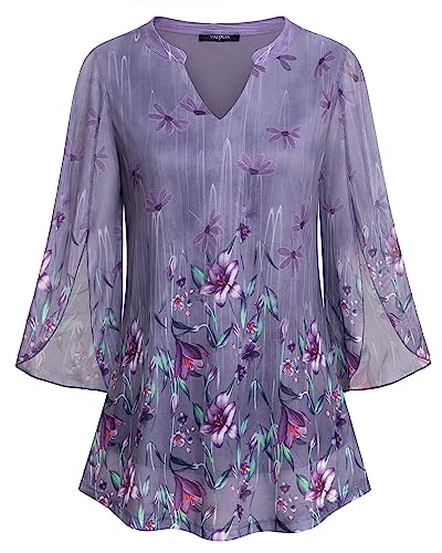 VALOLIA Business Casual Top for Women, Women Floral Blouse, Plus Size Tops for Women Fall 3/4 Tunic Tops to Wear with Leggings Trendy V-Neck Dressy Shirts for Work Office Wear Purple XXX-Large - Image 1