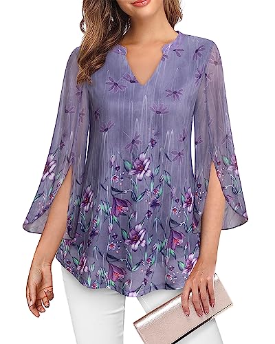 VALOLIA Business Casual Top for Women, Women Floral Blouse, Plus Size Tops for Women Fall 3/4 Tunic Tops to Wear with Leggings Trendy V-Neck Dressy Shirts for Work Office Wear Purple XXX-Large - Image 2