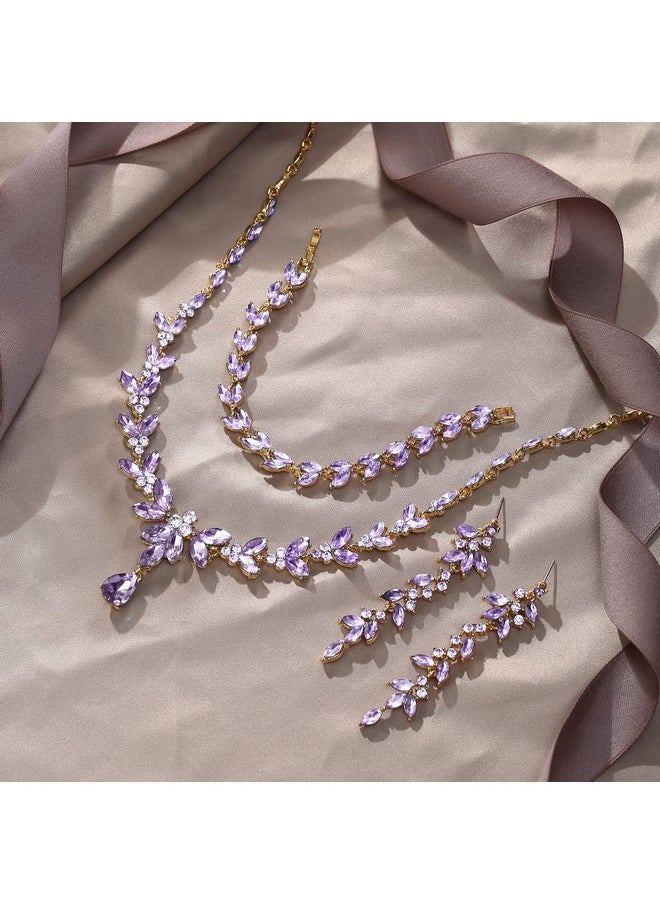 EVER FAITH Marquise Crystal Party Jewelry Set For Bride, Gorgeous Leaf Rhinestone Necklace Dangle Earrings Tennis Bracelet Set Light Purple Gold-Tone  - Image 4