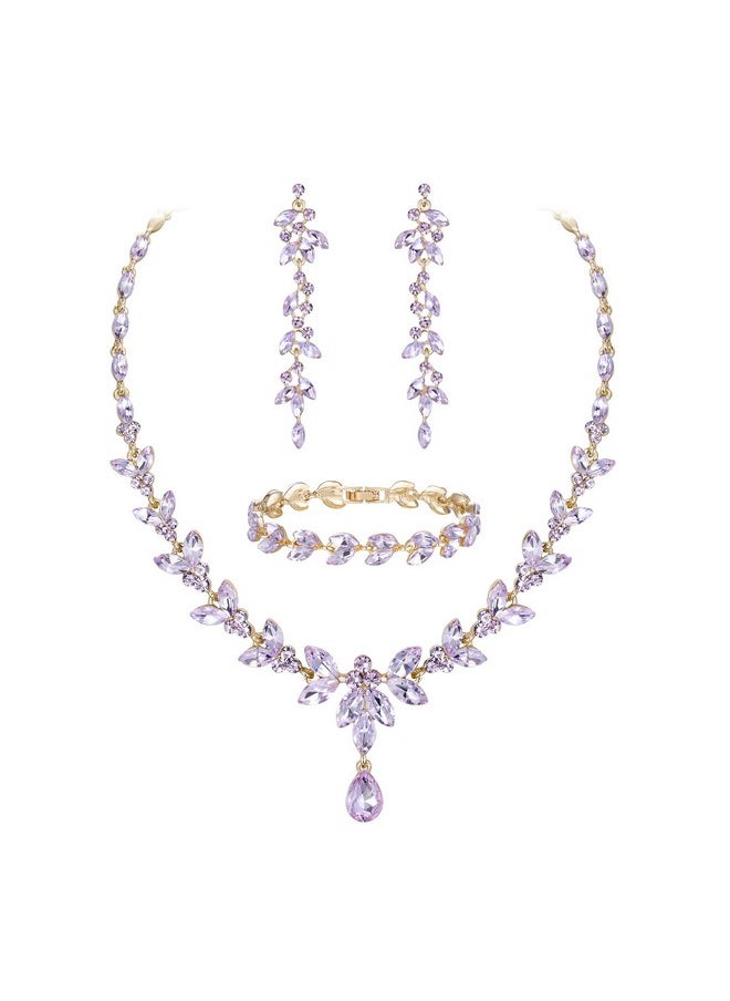 EVER FAITH Marquise Crystal Party Jewelry Set For Bride, Gorgeous Leaf Rhinestone Necklace Dangle Earrings Tennis Bracelet Set Light Purple Gold-Tone  - Image 1