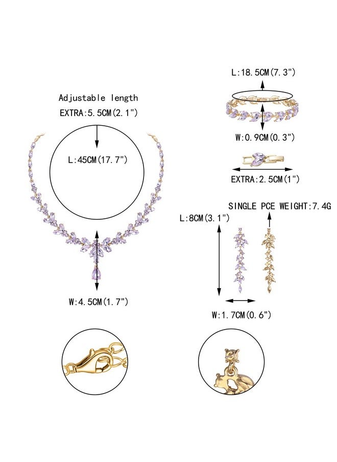 EVER FAITH Marquise Crystal Party Jewelry Set For Bride, Gorgeous Leaf Rhinestone Necklace Dangle Earrings Tennis Bracelet Set Light Purple Gold-Tone  - Image 5