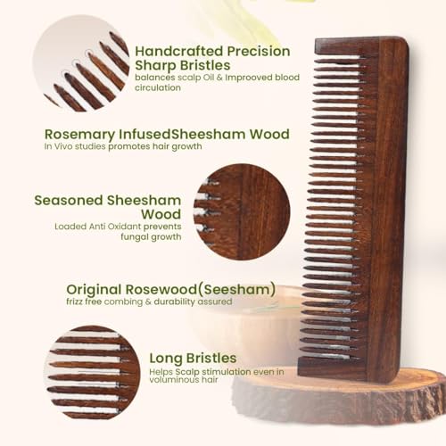Organic B Rosemary Infused Indian Rosewood (Sheesham) Wooden Comb for Hair - Regular Single Tooth Detangler Comb for Men & Women - Handmade, Polished & Real Wood for Frizz Control & Scalp Massage - Image 2